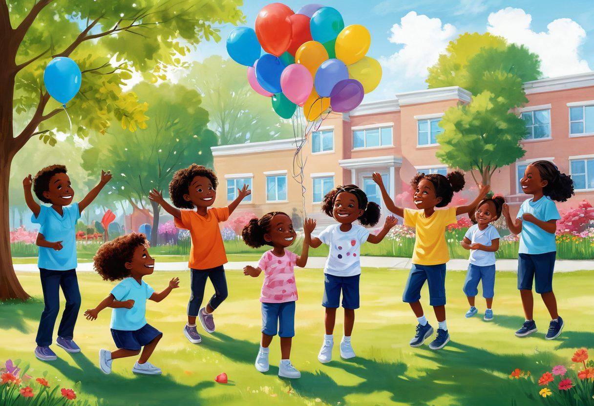 A heartfelt illustration depicting a diverse group of children enjoying a playdate in a sunny park, surrounded by supportive caregivers and medical professionals. Include elements symbolizing hope, like colorful balloons and bright flowers, against a backdrop of a hospital and a community center. Show smiles, laughter, and unity in their interactions. soft colors. cheerful atmosphere. vibrant details.