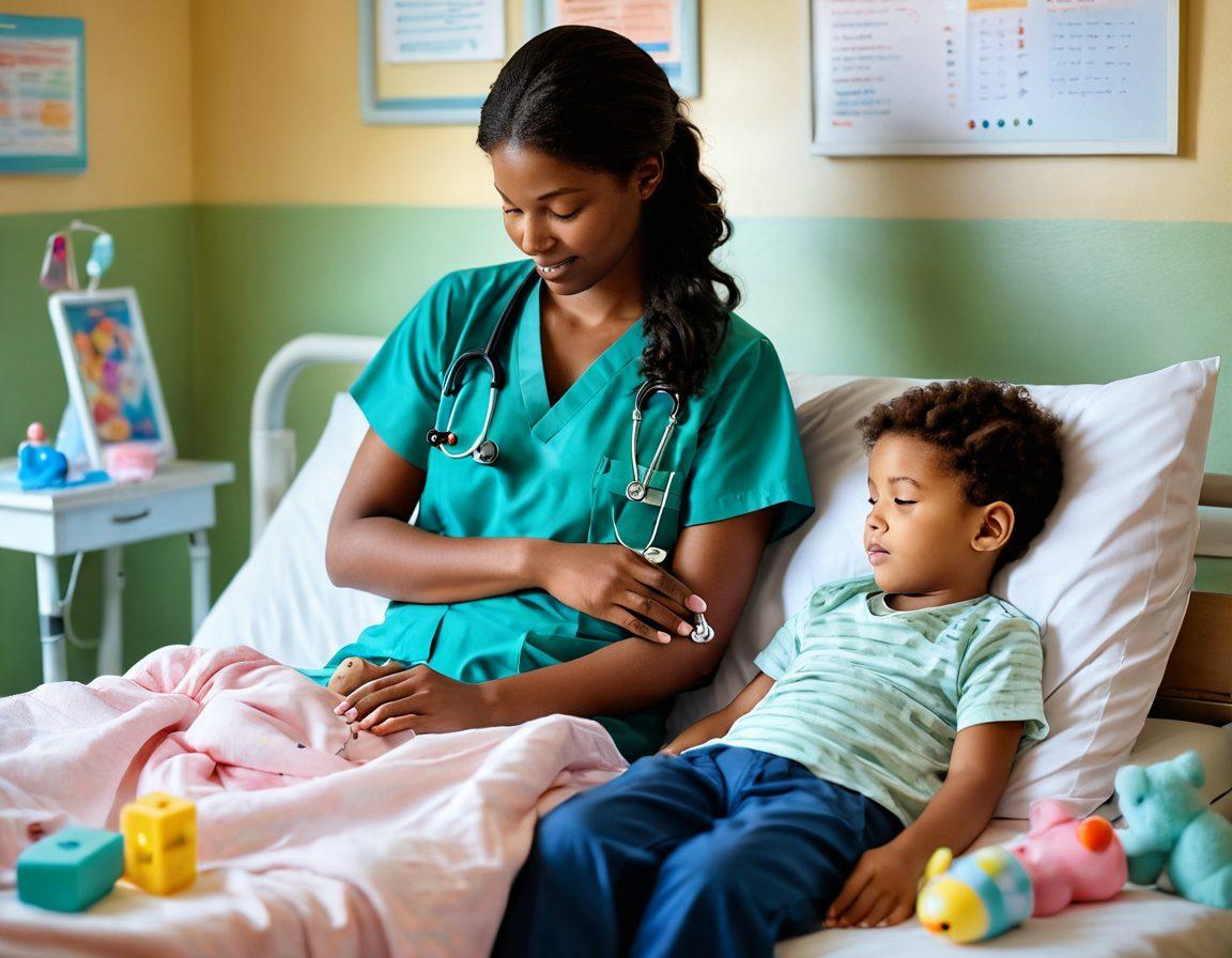 A serene and comforting scene depicting a parent holding the hand of a child in a hospital setting, surrounded by soft pastel colors and toys, conveying warmth and hope. Include elements like a stethoscope, medical charts, and a gentle, caring atmosphere to symbolize support and guidance. The background should have uplifting quotes and illustrations of childhood dreams. vibrant colors. super-realistic.