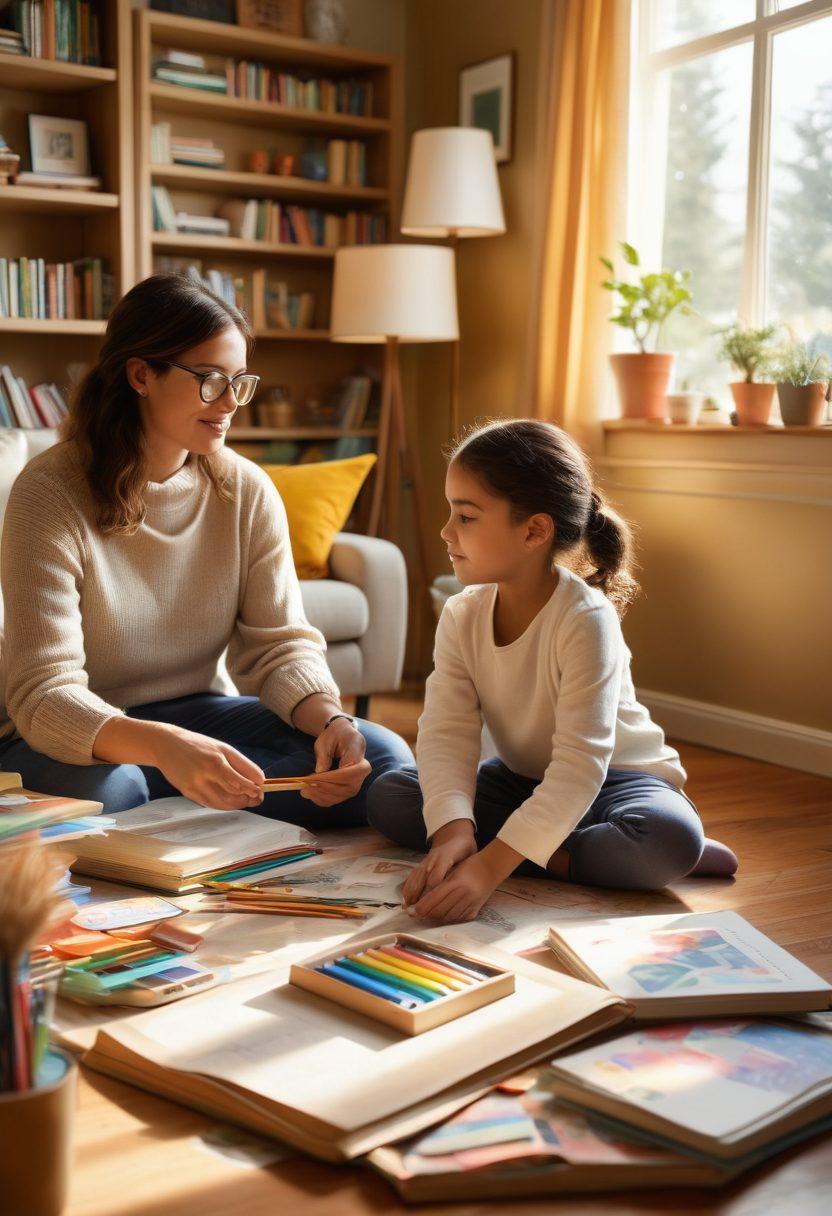 A heartwarming scene of a family working together in a cozy, sunlit living room, surrounded by educational resources like books and art supplies related to health and wellness. The child, engaging in an art project, shows a courageous spirit, while the parents offer support and encouragement, creating a sense of unity and hope. Soft colors and gentle lighting evoke feelings of comfort and warmth. super-realistic. vibrant colors. 3D.